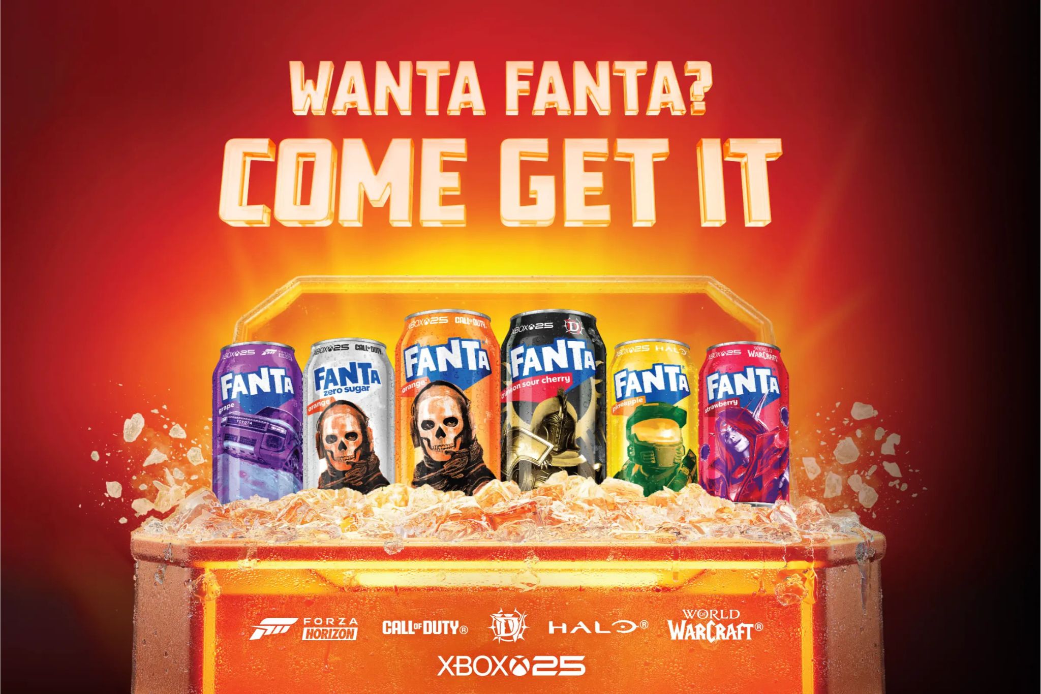 A vibrant display features various Fanta soda cans arranged in a container filled with ice, set against a fiery red background, inviting viewers to indulge, featured in the Coca-Cola BlizzCon Sweepstakes