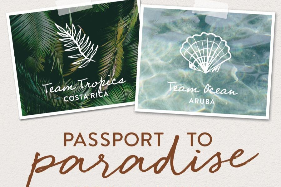 A tropical-themed graphic features two bordered designs: one with green leaves titled "Team Tropics, Costa Rica" and another showing water with a shell, titled "Team Ocean, Aruba," above the phrase "Passport to Paradise.", featured in the Palm Beach Tan Passport to Paradise Sweepstakes