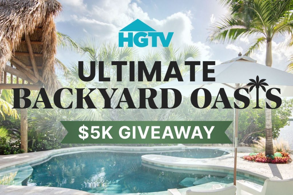 A serene backyard oasis features a sparkling pool surrounded by lush greenery and a shaded cabana, creating an inviting atmosphere for relaxation and enjoyment, featured in the HGTV $5,000 Sweepstakes