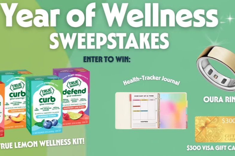 A colorful display featuring wellness products, including "True Lemon" drink mixes, a health-tracker journal, an Oura ring, and a gift card, promoting a sweepstakes for wellness prizes, featured in the True Citrus Wellness Sweepstakes