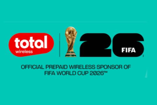 A vibrant turquoise background features a trophy symbolizing the FIFA World Cup 2026, alongside a red logo for Total Wireless, highlighting their sponsorship role, featured in the Total Wireless FIFA Sweepstakes
