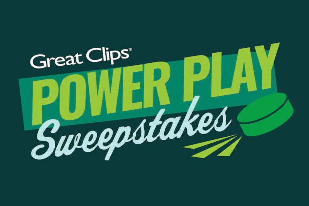 A vibrant graphic features the text "Power Play Sweepstakes," with a hockey puck icon and dynamic lines, set against a dark green background, featured in the Great Clips Power Play Sweepstakes