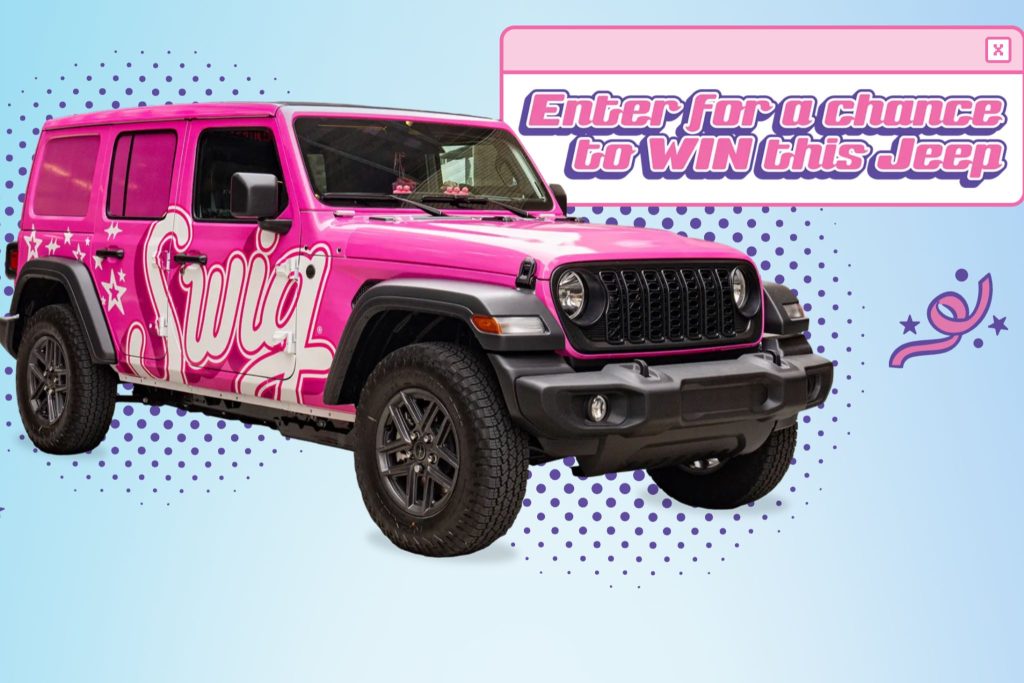 A vibrant pink Jeep with playful graphics is parked against a light blue background, featuring fun dotted patterns and festive accents, inviting viewers to enter for a chance to win it, featured in the Swig Sweet 16 Sweepstakes