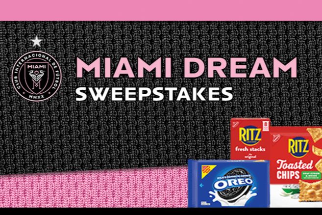 A vibrant pink and black background features snack products like Oreo and Ritz, promoting a Miami Dream Sweepstakes event with bold lettering in the foreground, featured in the Miami Dream Sweepstakes