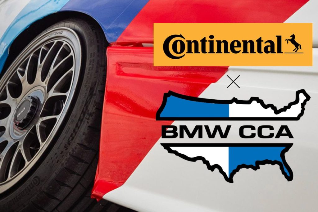 A close-up of a colorful car side featuring blue, red, and white paint, highlighting a stylish wheel and tire, with supporting logos in the background, featured in the Continental Mega Summit Sweepstakes