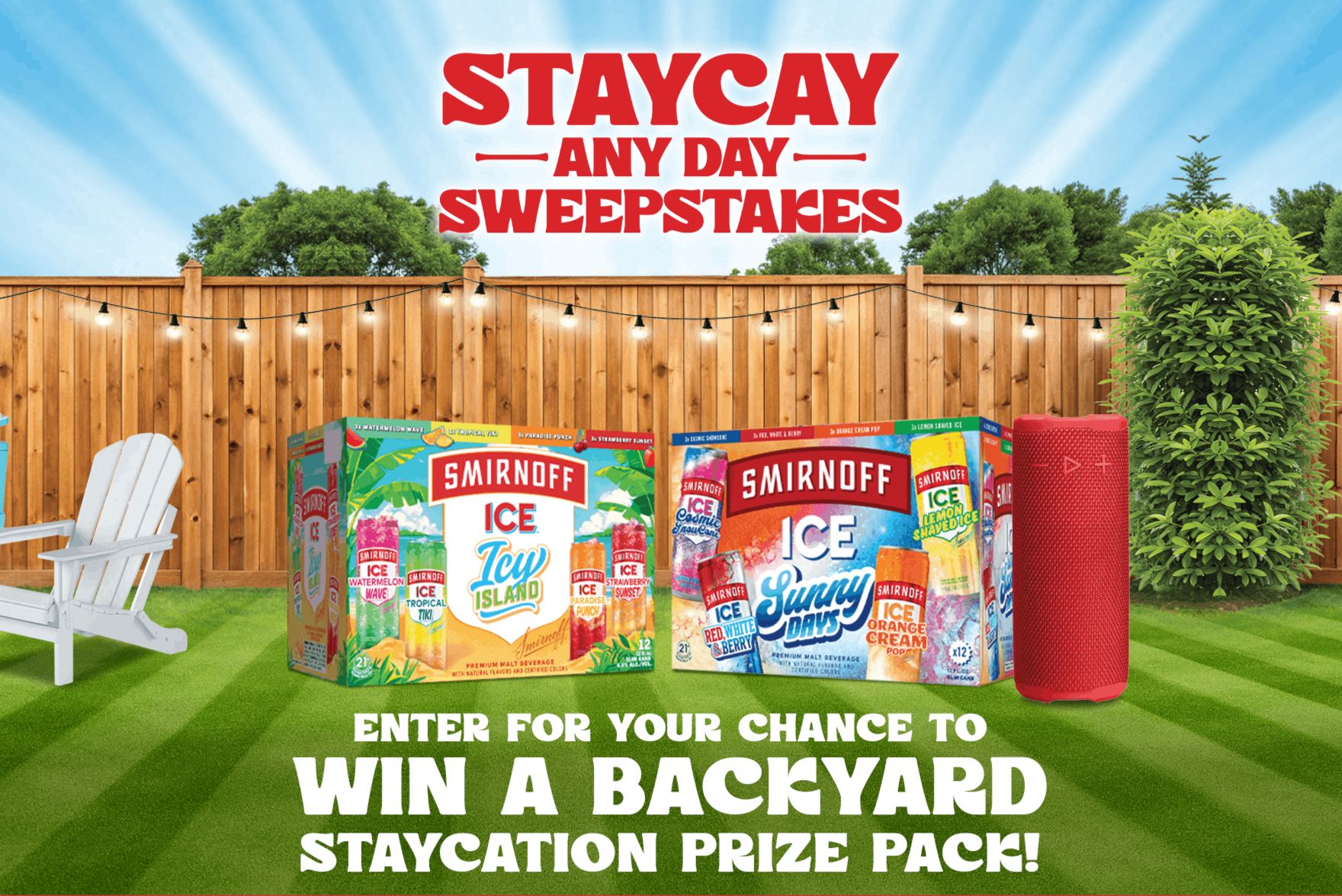 A vibrant backyard scene features two boxes of colorful beverages, a red portable speaker, and a white lawn chair, all set against a wooden fence and bright sky, inviting staycation fun, featured in the Smirnoff Ice Staycation Sweepstakes