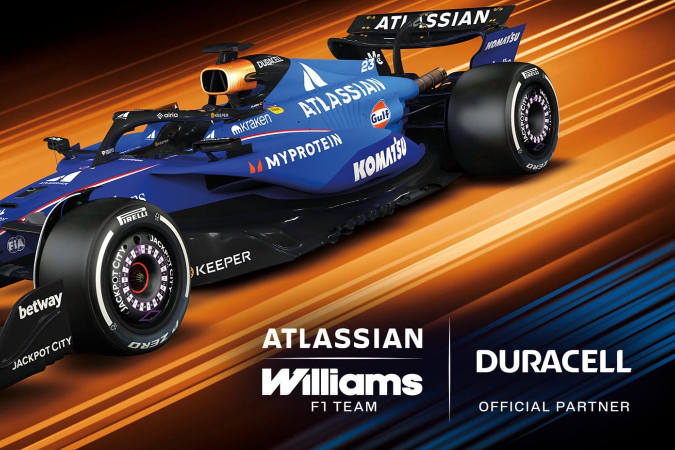 A sleek Formula 1 car in blue and orange, featuring bold sponsorship graphics, is set against a dynamic background of orange and black streaks, highlighting its racing design, featured in the Duracell Williams Racing Sweepstakes