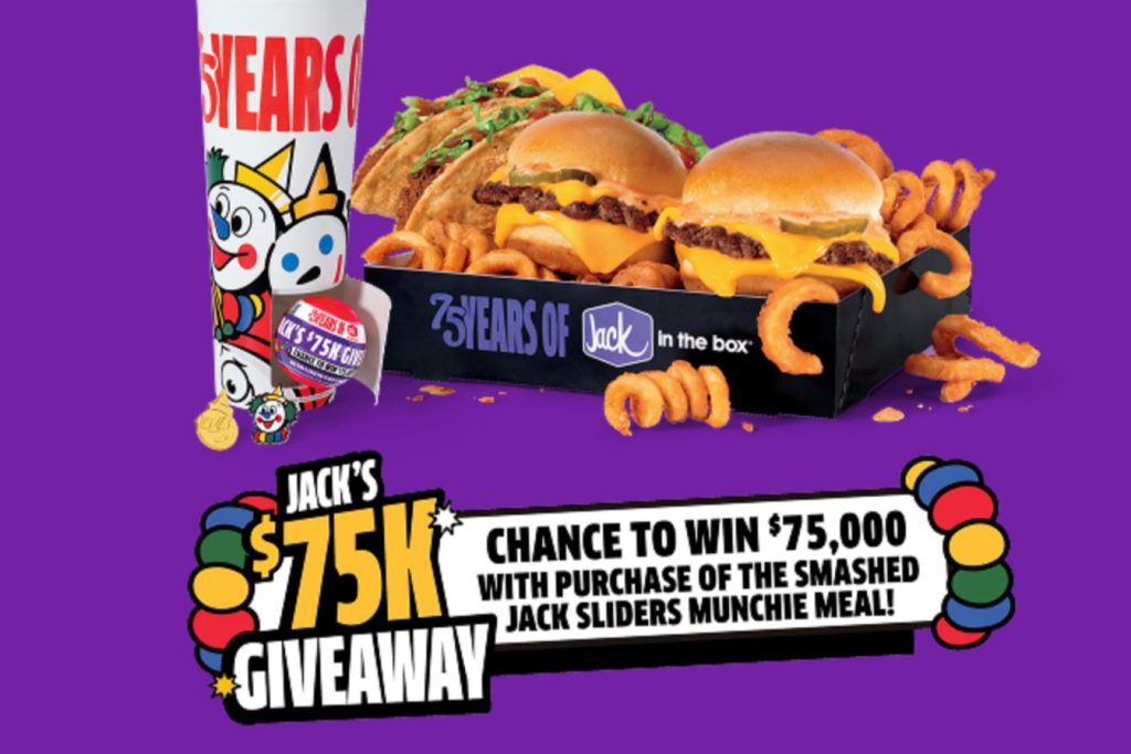 A colorful meal featuring two cheeseburger sliders alongside curly fries, set against a bright purple background with playful graphics and promotional details, featured in the Jack in the Box $75K Sweepstakes