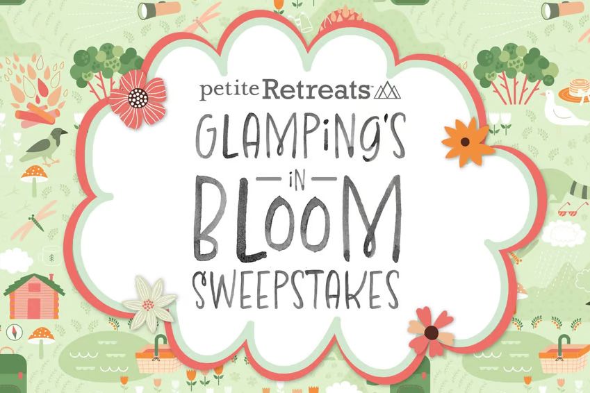 A colorful illustration features a whimsical nature scene with flowers, trees, and camping elements, showcasing a playful design for a glamping-themed sweepstakes, featured in the Petite Retreats Glamping Sweepstakes