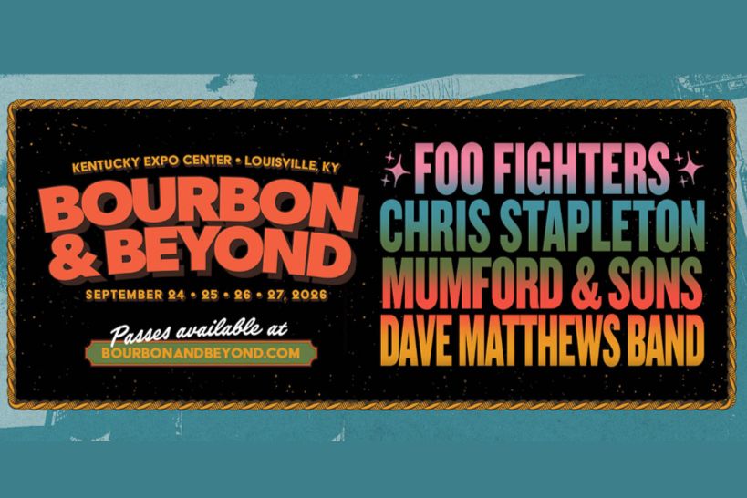 A colorful promotional graphic for the Bourbon & Beyond festival highlights upcoming performances by major artists, set to take place at the Kentucky Expo Center in September 2026, featured in the Bourbon & Beyond VIP Fly-Away Sweepstakes