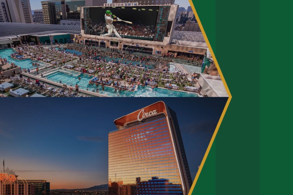 A vibrant rooftop pool area filled with guests enjoying the sun, surrounded by lounge chairs and a large screen displaying a sports event, alongside a striking modern hotel at sunset, featured in the Circa Resort & Casino 2-Night Stay Sweepstakes