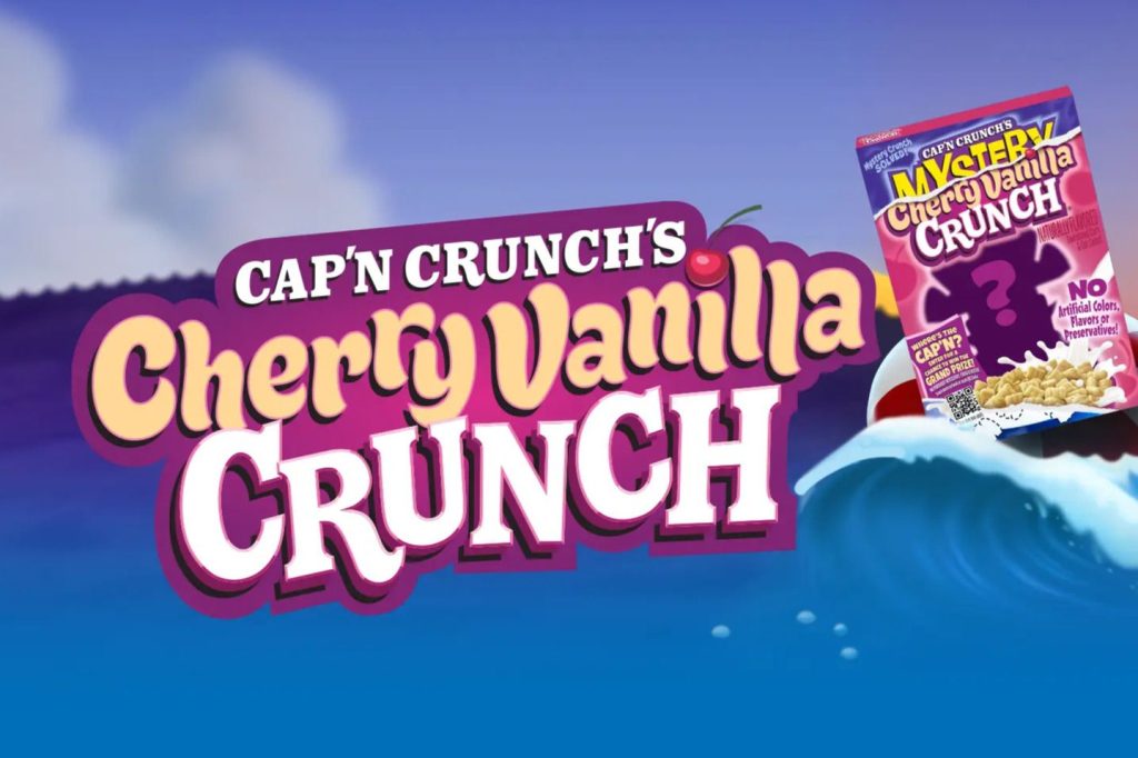 A colorful ocean scene features "Cap’n Crunch's Cherry Vanilla Crunch" with vibrant waves, while a box of cereal is playfully showcased at the forefront, hinting at adventure and flavor, featured in the Cap'n Crunch Trip Sweepstakes