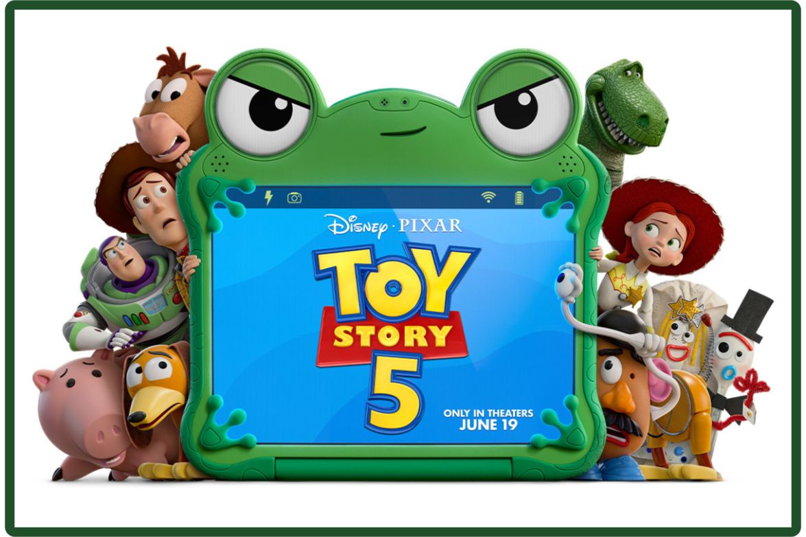 A group of animated characters from a popular franchise surrounds a large, colorful tablet displaying "Toy Story 5" on the screen, showcasing an excited scene, featured in the Disney+ Toy Story 5 Premiere Sweepstakes