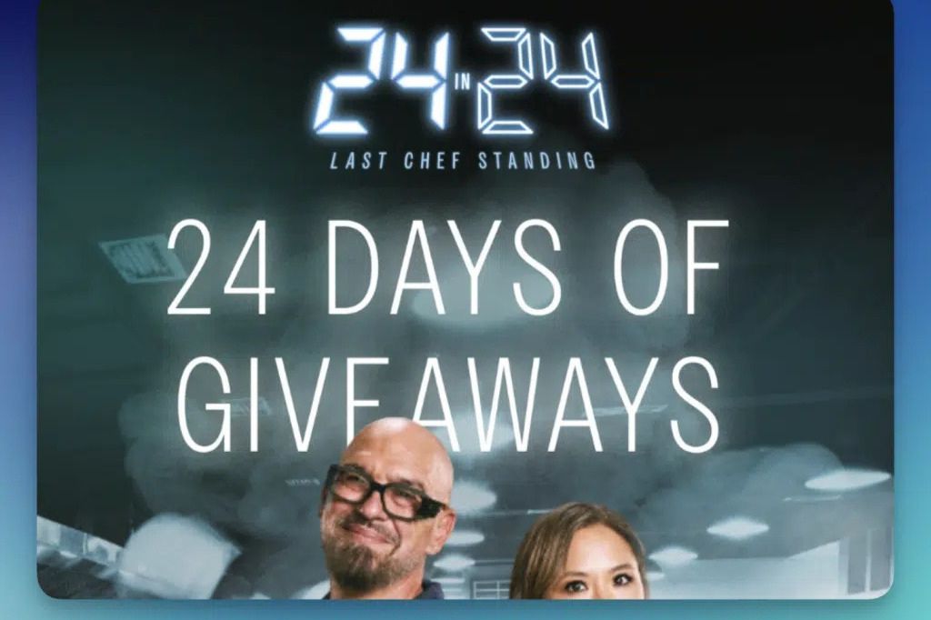 A chef duo stands in a kitchen, smiling amidst a backdrop of culinary activity, promoting a festive giveaway event lasting 24 days. Their enthusiasm reflects a vibrant cooking atmosphere, featured in the Food Network $2,400 Sweepstakes