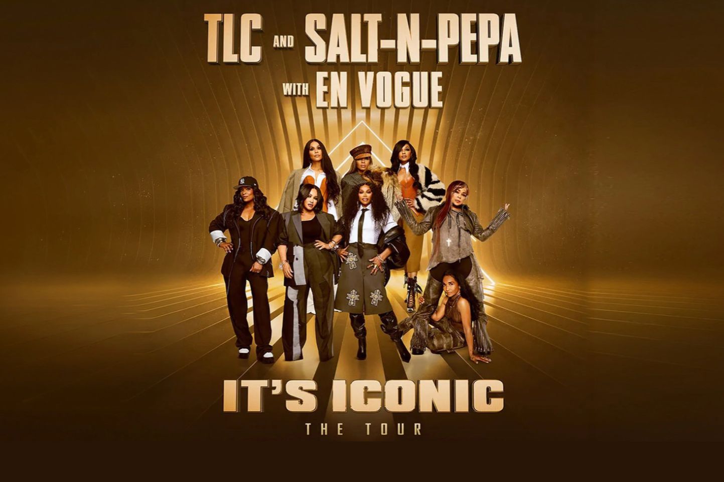 A group of four female musicians poses confidently in stylish outfits against a shimmering golden background, promoting their upcoming tour, "It's Iconic.", featured in the iHeartRadio TLC Salt-N-Pepa En Vogue Sweepstakes