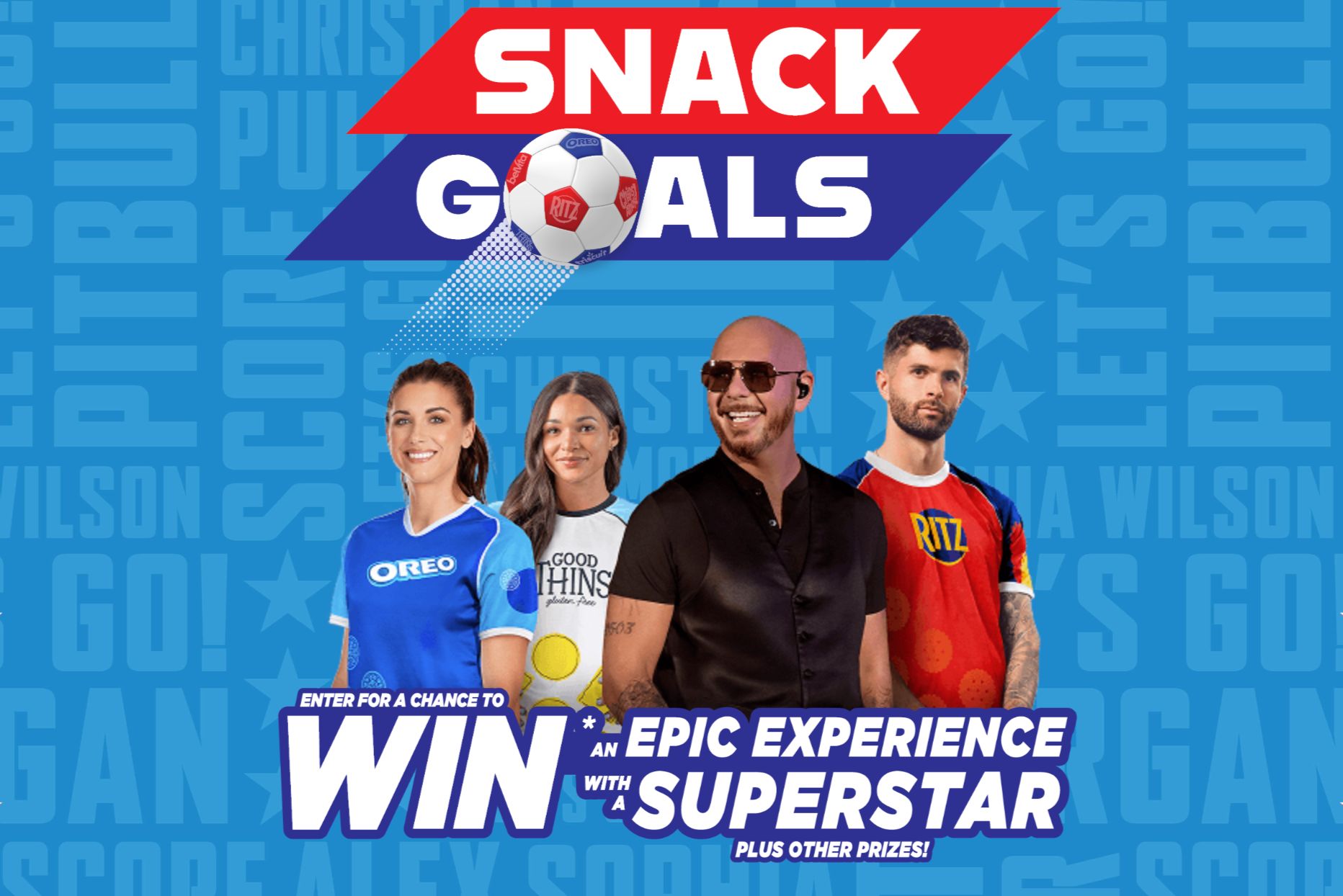 Four individuals, including a man in sunglasses and three women in sports jerseys, smile while promoting a soccer-themed event against a vibrant blue background, featured in the Mondelez Snack Goals Sweepstakes