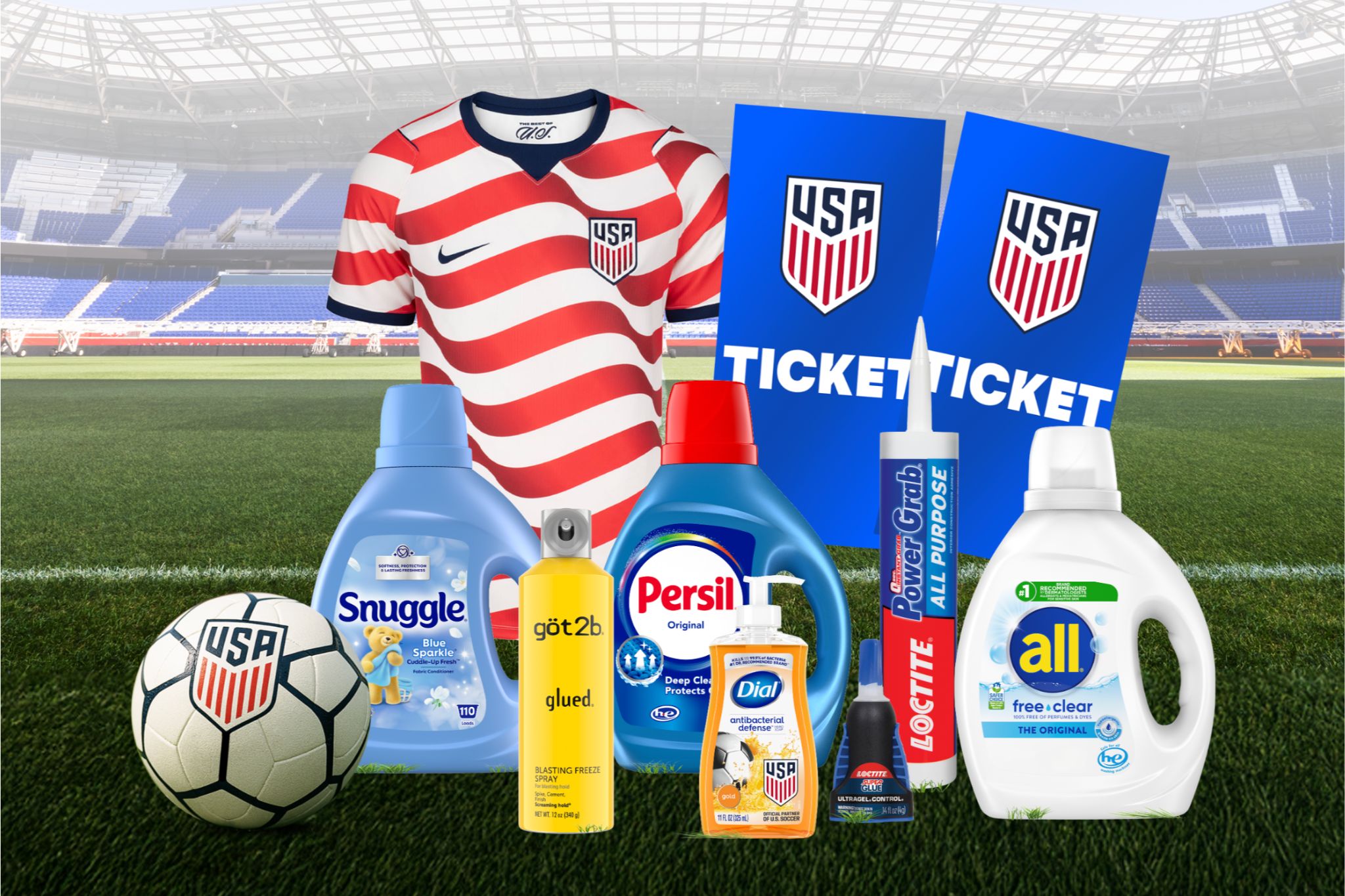 A soccer jersey with red and white stripes is prominently displayed alongside cleaning products, a soccer ball, and tickets, all set against a stadium backdrop, featured in the Summer of Soccer Sweepstakes