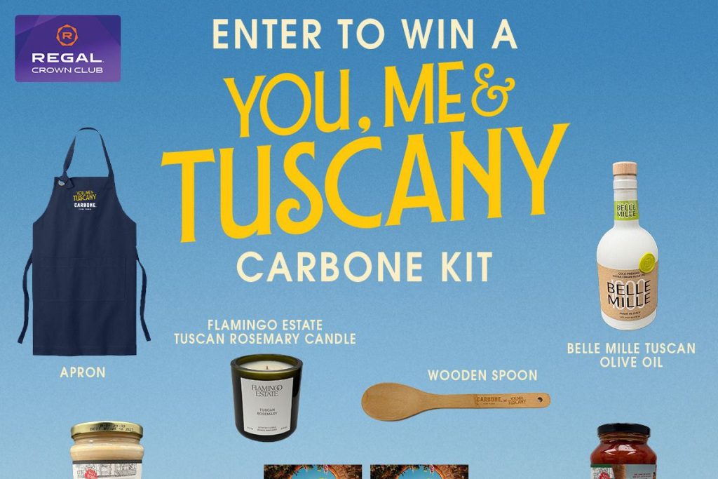A blue backdrop features a prize bundle including an apron, Tuscan rosemary candle, wooden spoon, and Tuscan olive oil, promoting a giveaway for a cooking kit, featured in the Bring Tuscany to You Sweepstakes