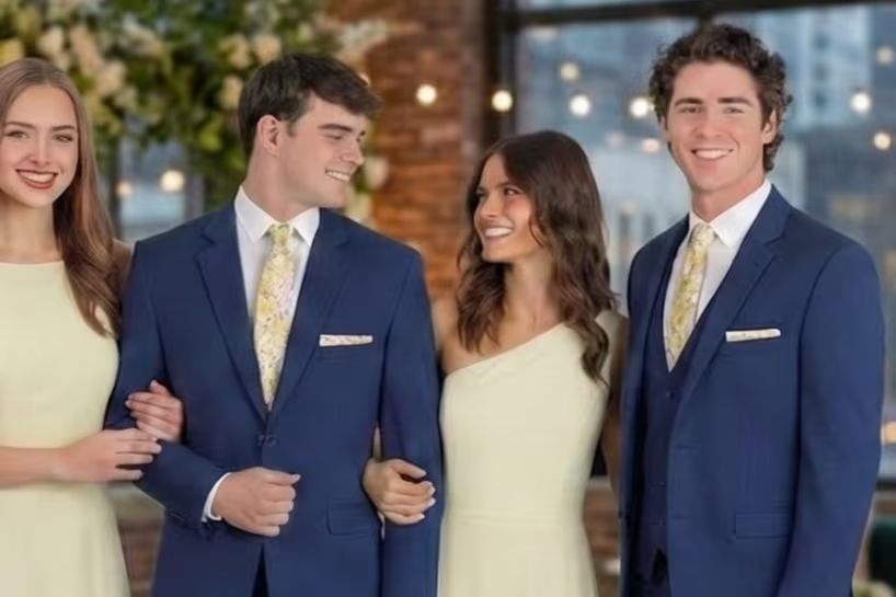 A group of four young adults smiles together, showcasing stylish outfits. Two men wear navy suits, while two women wear elegant dresses, with a cheerful atmosphere in a well-lit venue, featured in the Kennedy Blue Wedding Package Sweepstakes