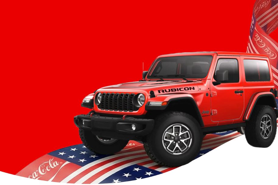 A bright red Jeep Rubicon is showcased against a vibrant red background, with the car positioned on a stylized American flag motif. The vehicle exudes ruggedness and adventure, featured in the Coca-Cola Jeep Wrangler Sweepstakes