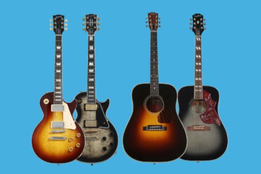 Four guitars stand against a bright blue background, showcasing a mix of electric and acoustic styles with varied finishes and shapes, highlighting their unique craftsmanship, featured in the Sweetwater $4K Gibson & Epiphone Giveaway