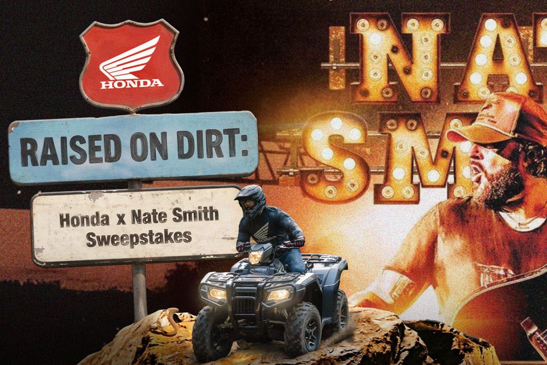 A person rides an ATV across rocky terrain, with vintage-style signage in the background promoting a sweepstakes. A musician's image enhances the dynamic scene, featured in the Honda ATV x Nate Smith Sweepstakes