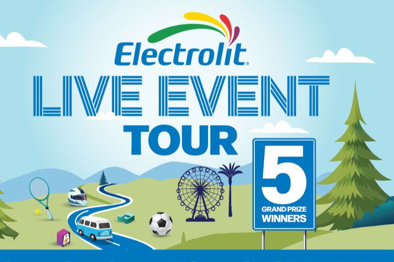 A vibrant landscape features rolling hills, a winding road, and icons of sports like tennis and soccer. A ferris wheel and palm tree enhance the festive atmosphere of an event tour, featured in the Electrolit Summer Tour Instant Win and Sweepstakes