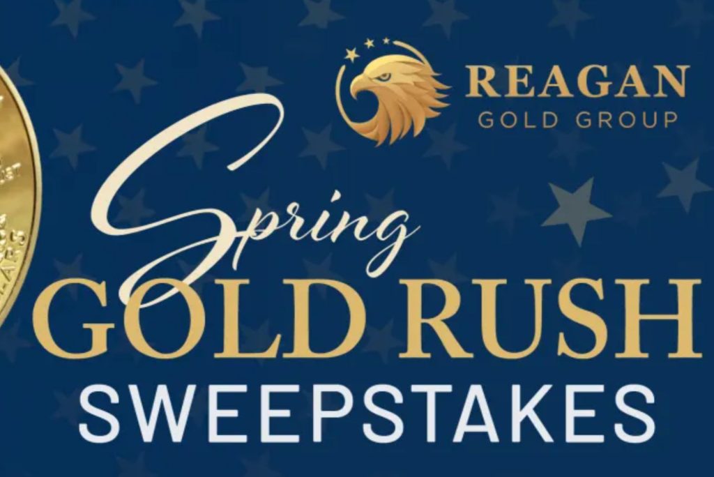 A golden coin is prominently featured on a blue background adorned with stars, announcing a spring gold rush sweepstakes. Elegant lettering highlights the promotional event, featured in the Reagan Gold Group Spring Gold Rush