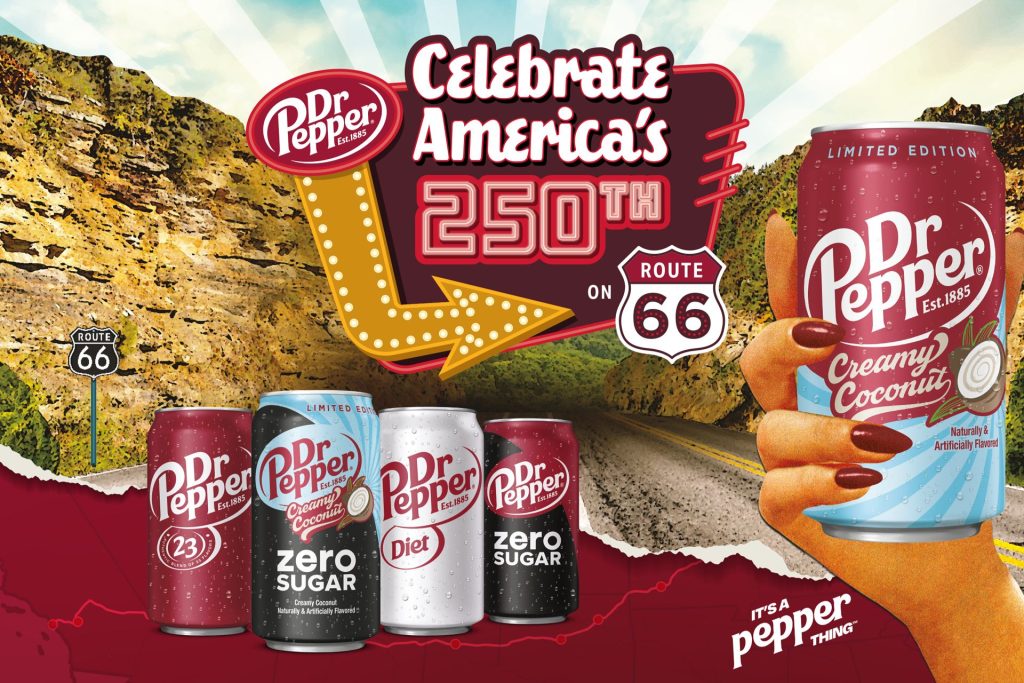 A hand holds a can of creamy coconut soda, with scenic Route 66 in the background. Additional cans of Dr Pepper varieties are displayed, celebrating America's 250th anniversary, featured in the Dr Pepper Ford Bronco Sweepstakes