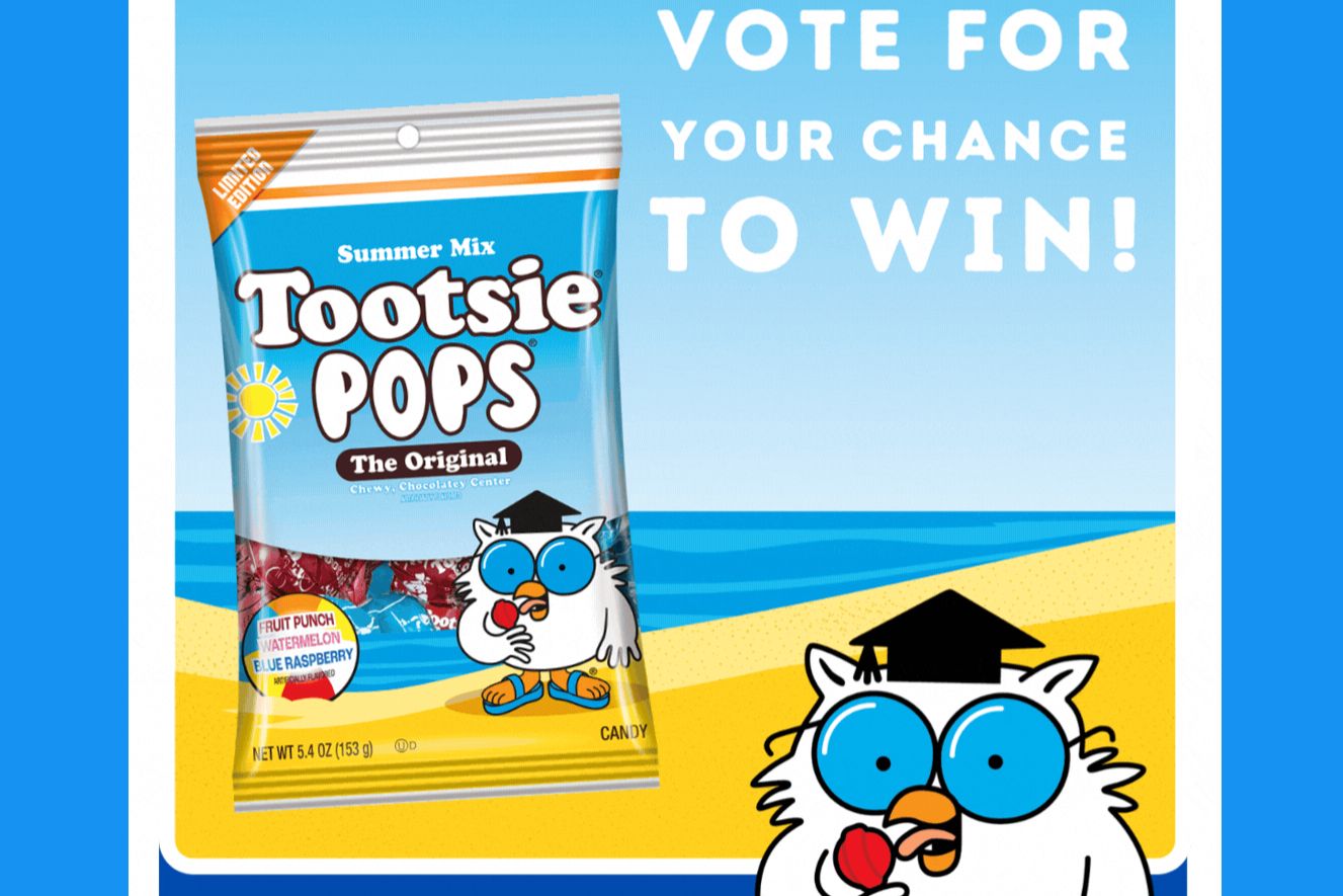 A cheerful cartoon owl wearing glasses and a graduation cap enjoys a Tootsie Pop against a beach backdrop, promoting a summer-themed contest and the candy's fruity flavors, featured in the Tootsie Pops Flavor Vote Sweepstakes