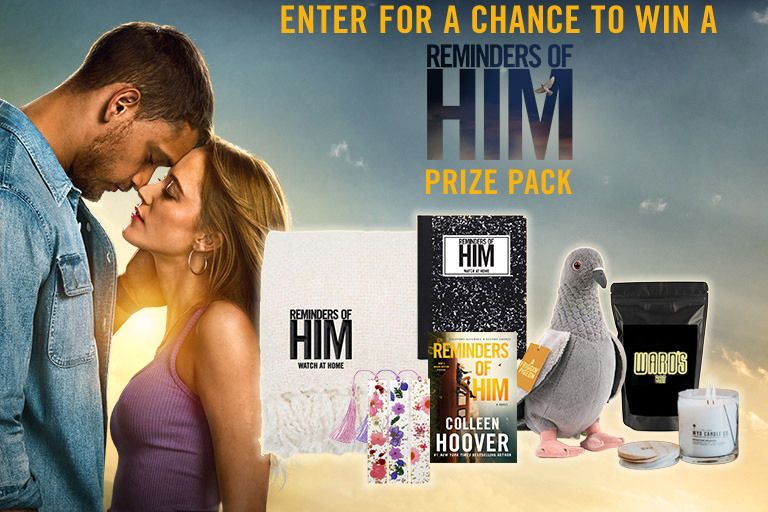 A couple leans in for a tender moment, with sunset behind them. Various prize items are displayed, including a book, plush toy, and candle, creating an inviting atmosphere, featured in the Reminders of Him Sweepstakes