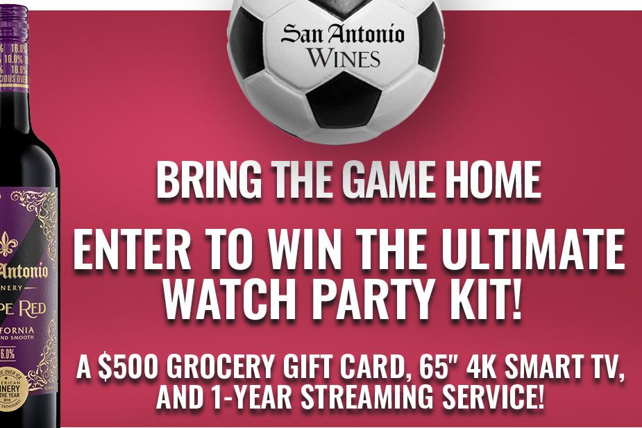 A bottle of red wine sits beside a soccer ball against a vibrant pink background, promoting a contest for a watch party kit, including a gift card and a 4K TV, featured in the San Antonio Wines Bring the Game Home Sweepstakes