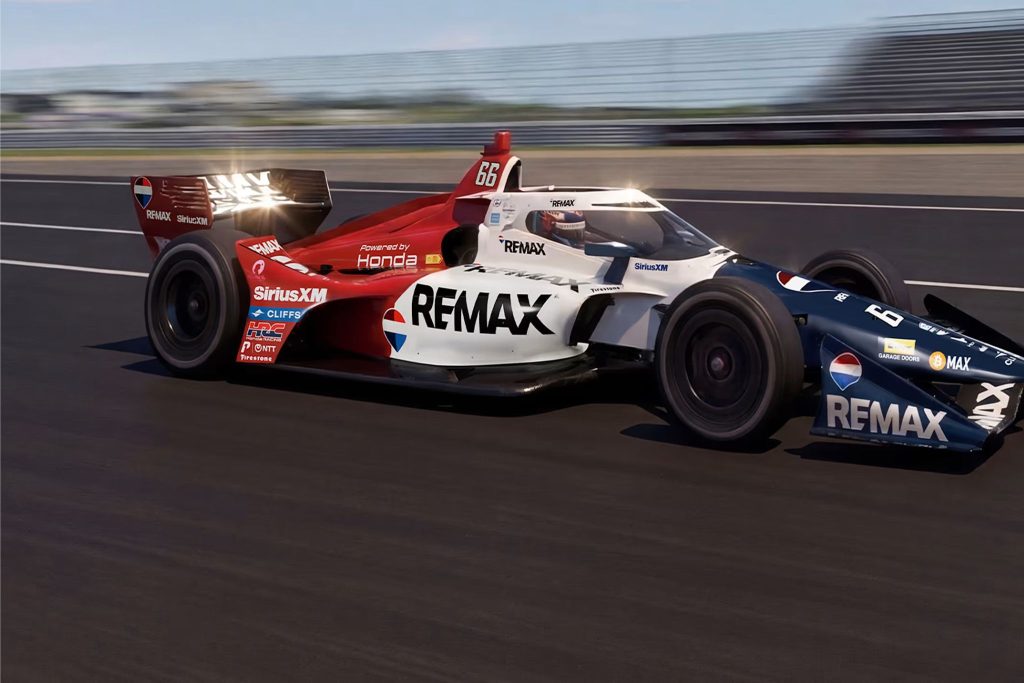 A racing car speeds around a track, showcasing a sleek design with a prominent color scheme. The vehicle emphasizes performance and dynamic motion against a blurred background, featured in the REMAX Indianapolis 500 Sweepstakes