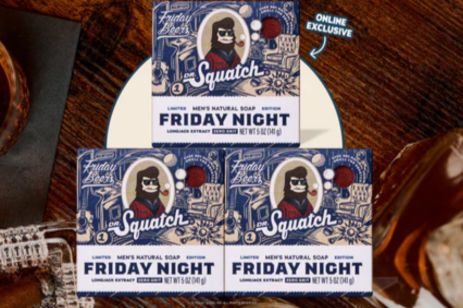 Three bars of men’s natural soap with a dark and whimsical label featuring a character and the text “Friday Night,” arranged on a circular white dish with a textured wooden background, featured in the Dr Squatch Nashville Weekend Getaway Sweepstakes