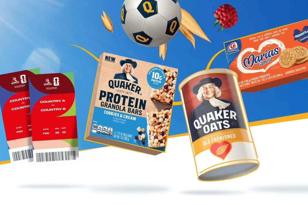 A vibrant scene showcases soccer elements alongside Quaker protein granola bars and oatmeal canisters, highlighting a dynamic and engaging food-themed promotion, featured in the Quaker FIFA World Cup Tickets Sweepstakes