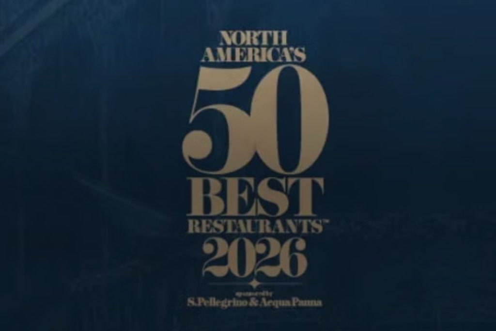 A dark blue background features golden text highlighting "North America's 50 Best Restaurants 2026," emphasizing culinary excellence and upcoming rankings, featured in the S.Pellegrino Awards Ceremony Trip Sweepstakes