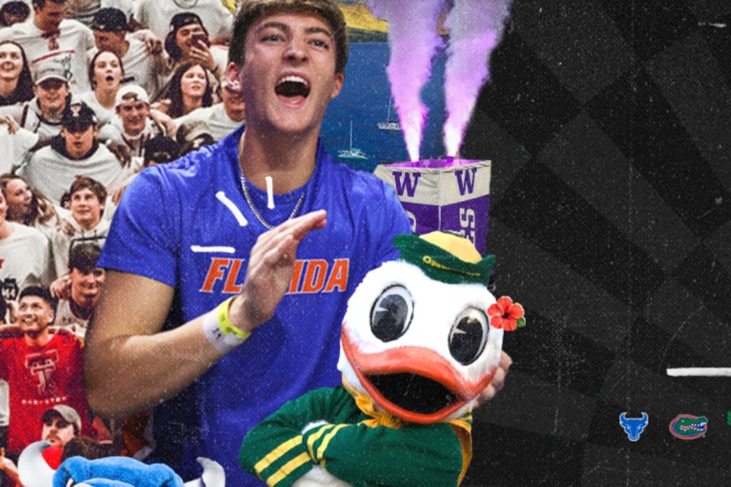 A joyful young man in a blue Florida t-shirt celebrates, waving his hands energetically next to a cheerful duck mascot, amidst a lively cheering crowd in the background, featured in the American Campus Maui Sweepstakes