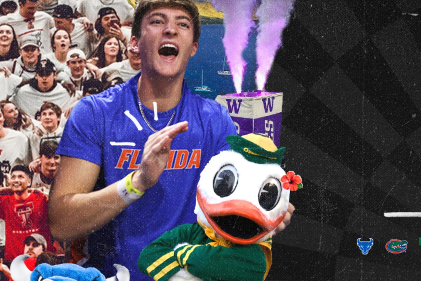 A joyful young man in a blue Florida t-shirt celebrates, waving his hands energetically next to a cheerful duck mascot, amidst a lively cheering crowd in the background, featured in the American Campus Maui Sweepstakes