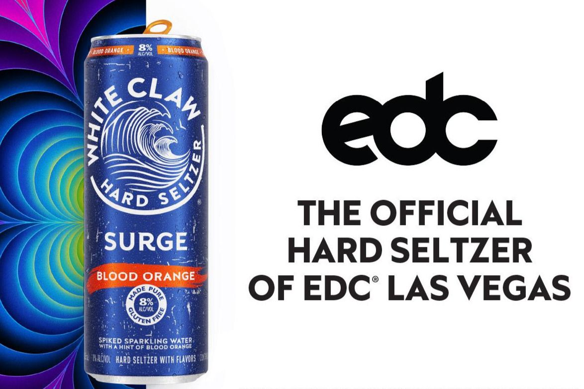A can of White Claw Hard Seltzer, Blood Orange flavor, displays vibrant blue accents. The background features colorful swirl patterns, suggesting a lively atmosphere, featured in the White Claw EDC Las Vegas Tickets Sweepstakes