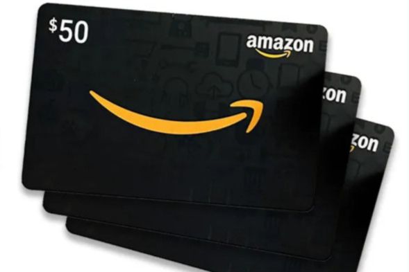 Three Amazon gift cards, each featuring a black background with a prominent yellow smile logo and a $50 value, sit stacked one atop another, featured in the Alabama 811 $50 Amazon Gift Card Sweepstakes