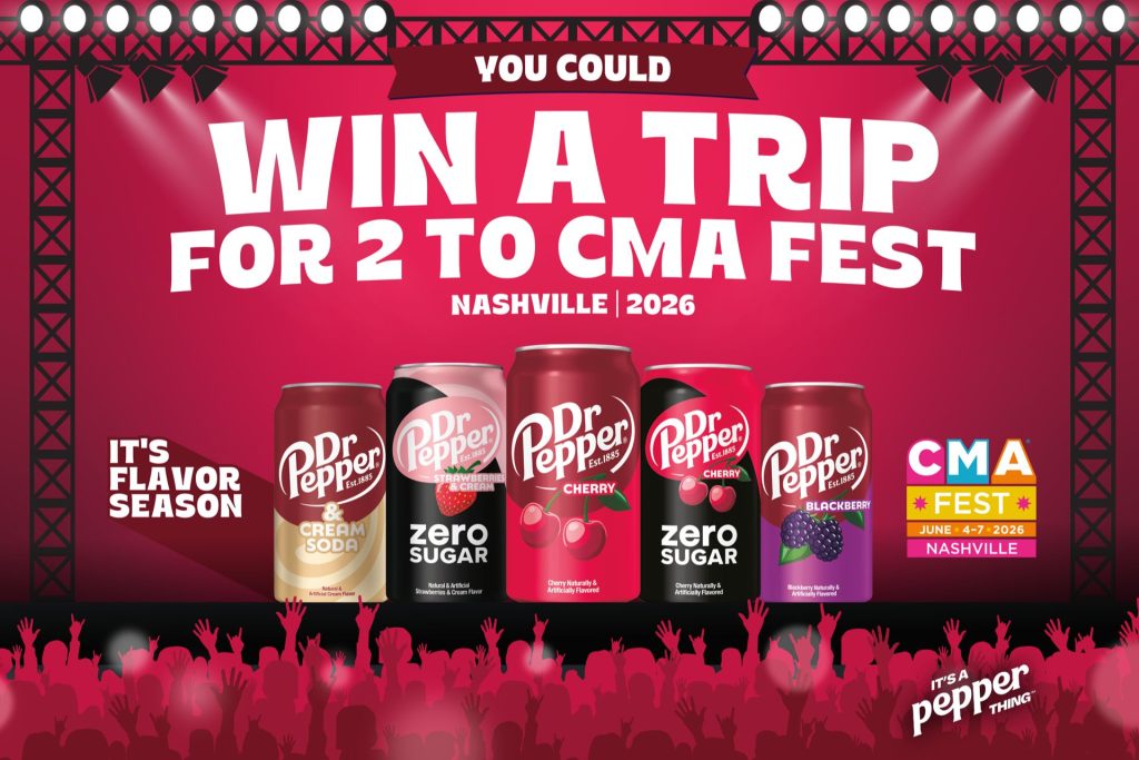 Bright concert-themed backdrop featuring several flavors of Dr Pepper cans, promoting a contest to win tickets for two to CMA Fest in Nashville, June 2026, featured in the Dr Pepper CMA Fest Sweepstakes