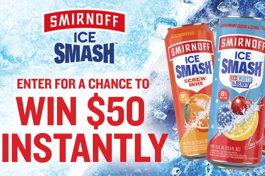 Two cans of Ice Smash drinks sit against a frosty blue background, showcasing vibrant colors and flavors. Water splashes around them, evoking a refreshing summer vibe, featured in the Smirnoff Ice $50 Venmo Sweepstakes