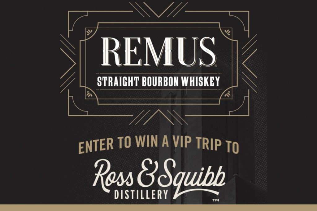 A stylish advertisement promoting Remus Straight Bourbon Whiskey alongside a contest for a VIP trip to a distillery, featuring decorative design elements on a dark background, featured in the Remus Bourbon Distillery Sweepstakes