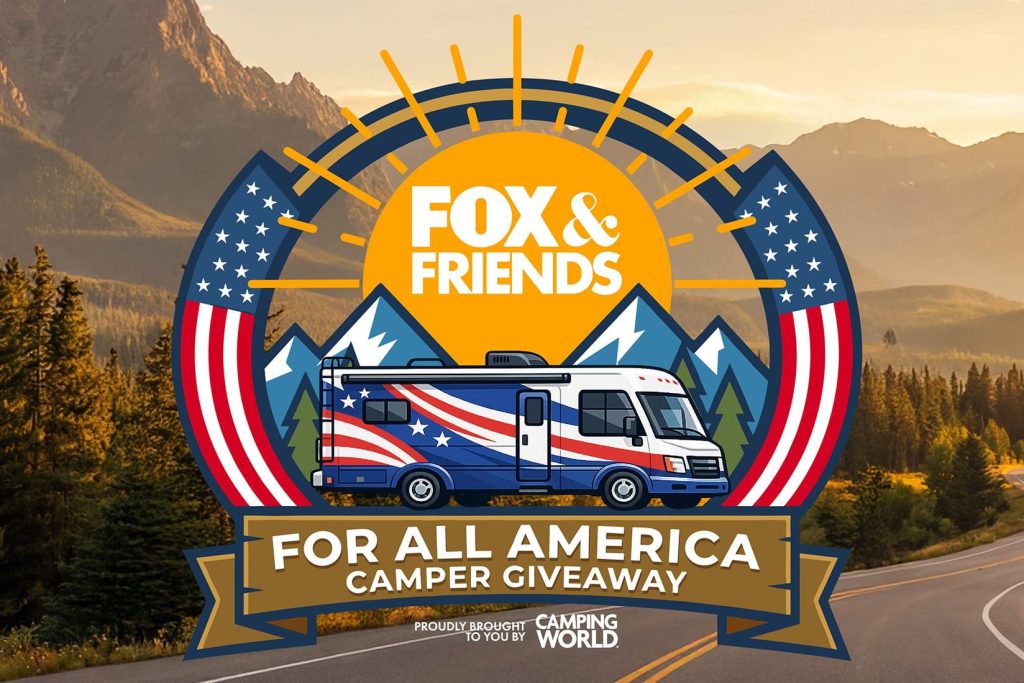 A vibrant graphic showcases a camper adorned with the American flag, surrounded by mountains and trees, promoting a camper giveaway in a scenic outdoor setting, featured in the Fox News Camper Sweepstakes