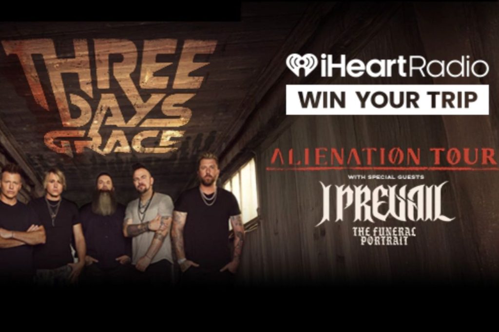 Five male band members pose together in a dimly lit setting, showcasing their individual styles as they prepare for an upcoming tour. The group's name is prominently featured above them, featured in the Three Days Grace National Flyaway Sweepstakes