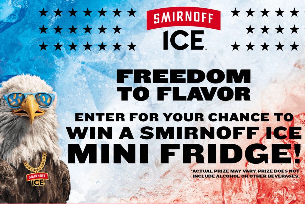 A cartoon eagle wearing sunglasses and a gold chain poses against a blue and red icy background, promoting a contest for a mini fridge, featured in the Smirnoff Ice Mini Fridge Sweepstakes