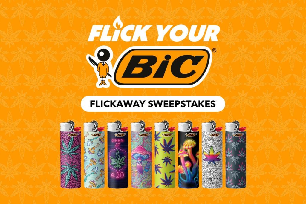 A colorful display of BIC lighters features various artistic designs, including plants and psychedelic patterns, set against a vibrant orange background with leaf motifs, featured in the BIC Lighter Flickaway Sweepstakes