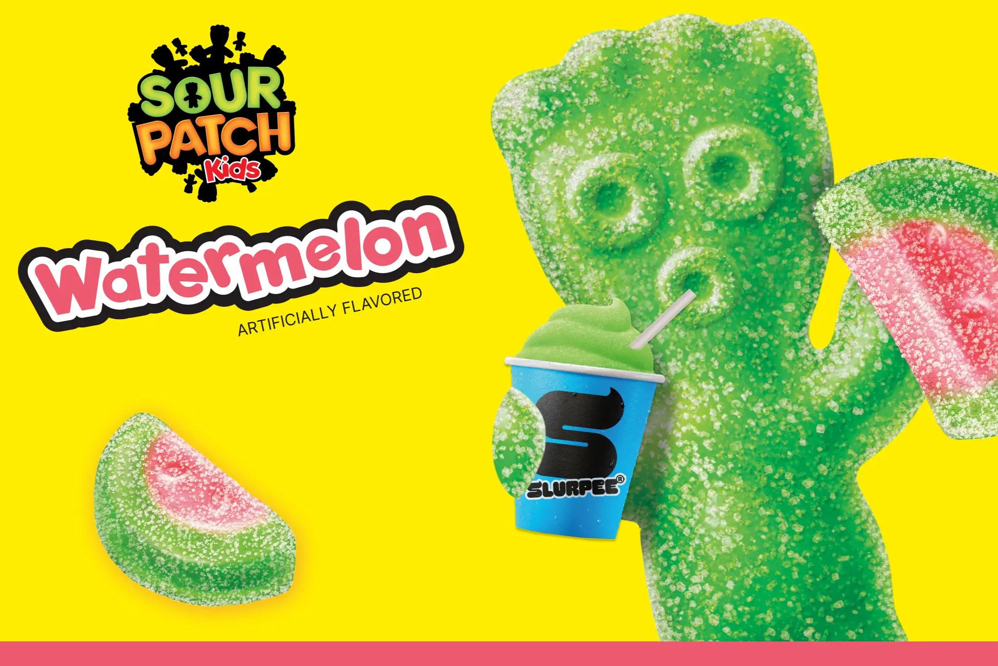 A vibrant yellow background features a green Sour Patch Kids character holding a Slurpee cup and a watermelon slice, emphasizing a fun, summery treat theme, featured in the Sour Patch Kids Watermelon Slurpee Sweepstakes