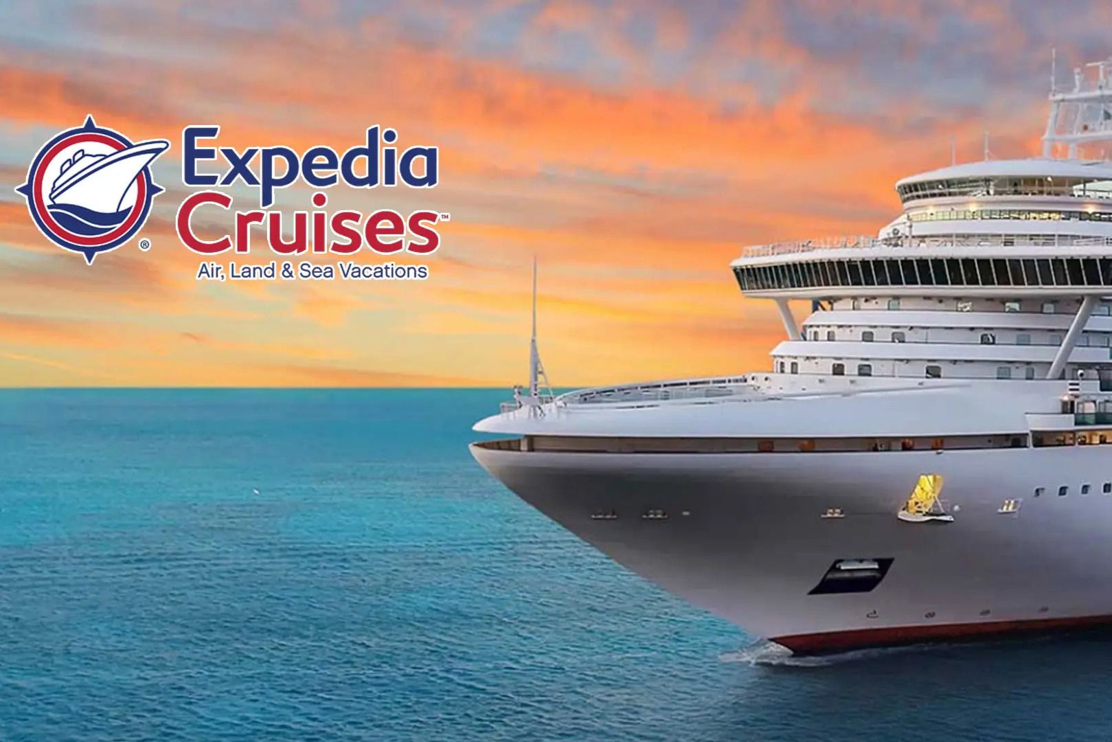 A large cruise ship sails across a calm ocean under a colorful sunset, showcasing its sleek design and inviting ambiance, featured in the Expedia Cruises AmaWaterways River Cruise Sweepstakes