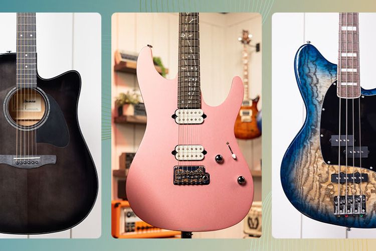 Three guitars are showcased against a light background, featuring an acoustic guitar on the left, a pink electric guitar in the center, and a blue bass guitar on the right, featured in the American Musical Supply Giveaway Sweepstakes